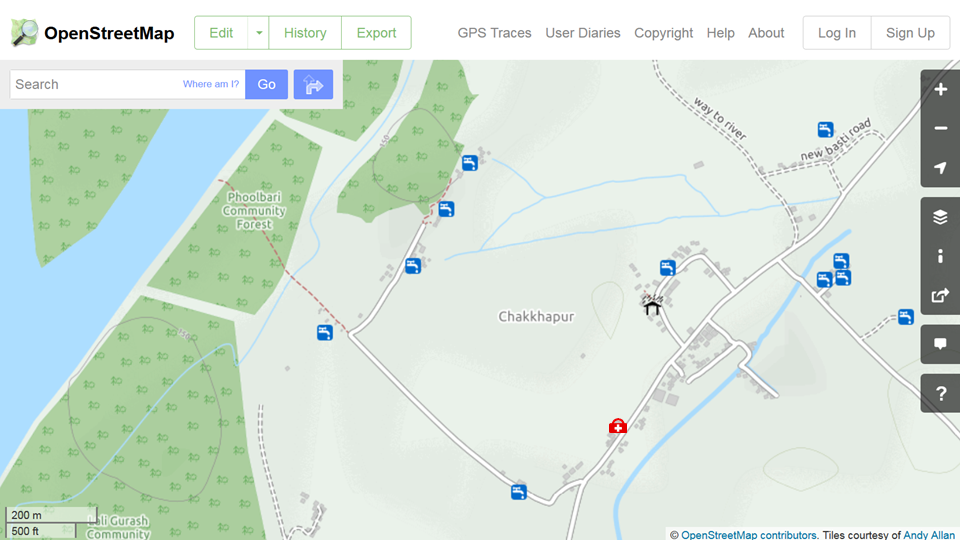 The resulting online maps in OpenStreetMap of Chakkhapur, Nepal, showing the location of drinking water, an emergency shelter and medical clinic. ©OpenStreetMap